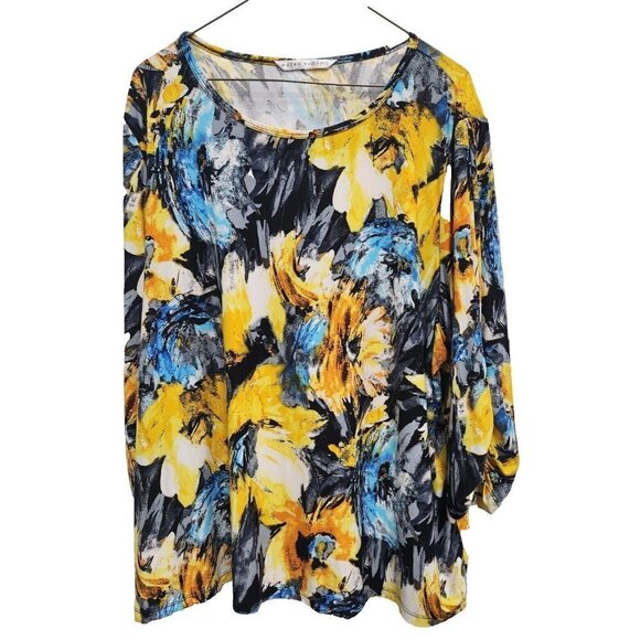 Peter Nygaro Womens Tunic Top 1X Blue Yellow Floral Stretch 3/4 Ruched Sleeve - Picture 1 of 7
